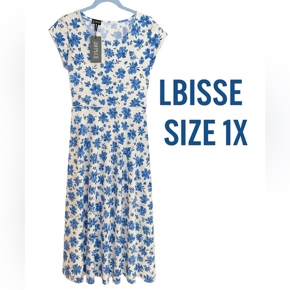 LBisse Blue Floral Midi Dress – Size 1X (NWT) Super Soft Stretchy Feminine Cutie - Picture 1 of 9